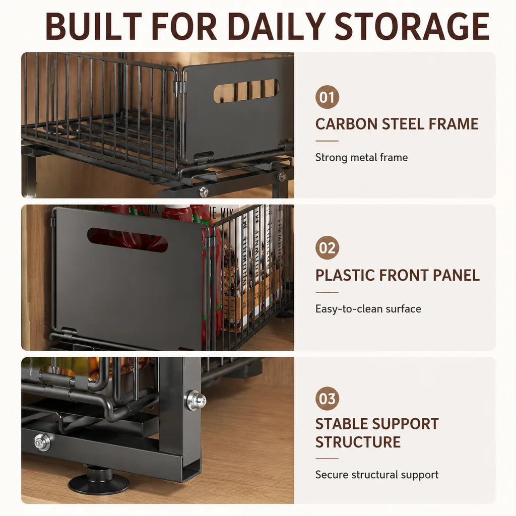Adjustable Under Sink Organizer With Pull Out Cabinet Storage Rack