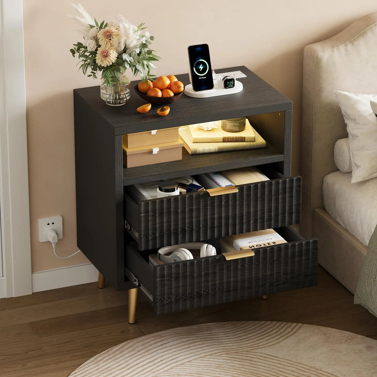HiMISS Nightstand With Charging Station And RGB LED Lights