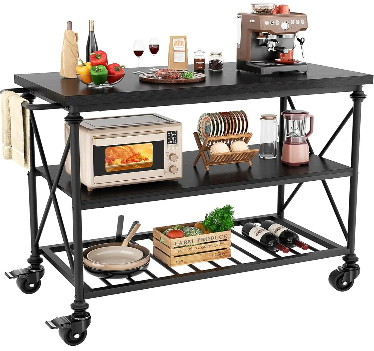 Wood And Metal Rolling Kitchen Island Cart With Pipe Legs