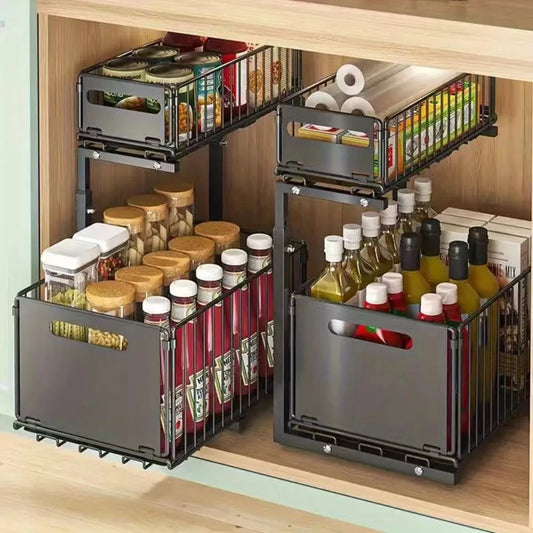 Adjustable Under Sink Organizer With Pull Out Cabinet Storage Rack