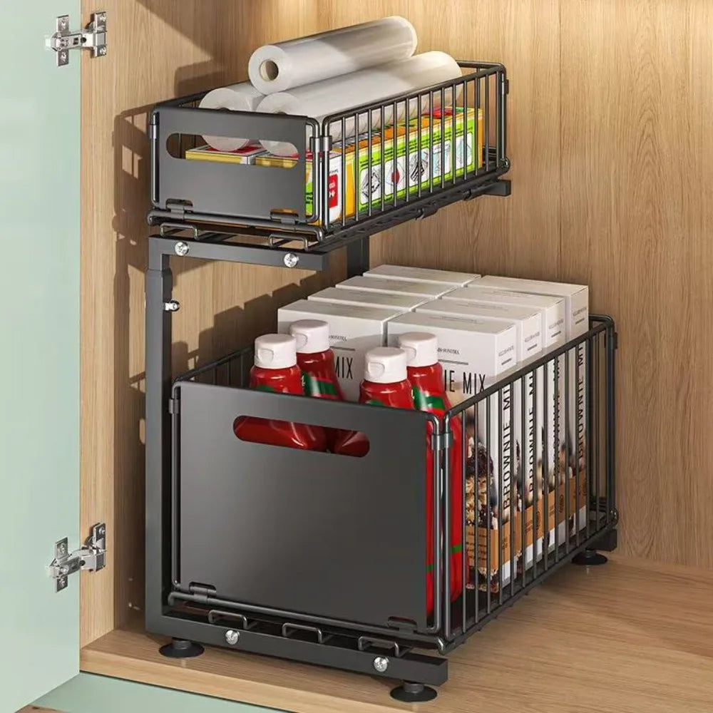 Adjustable Under Sink Organizer With Pull Out Cabinet Storage Rack