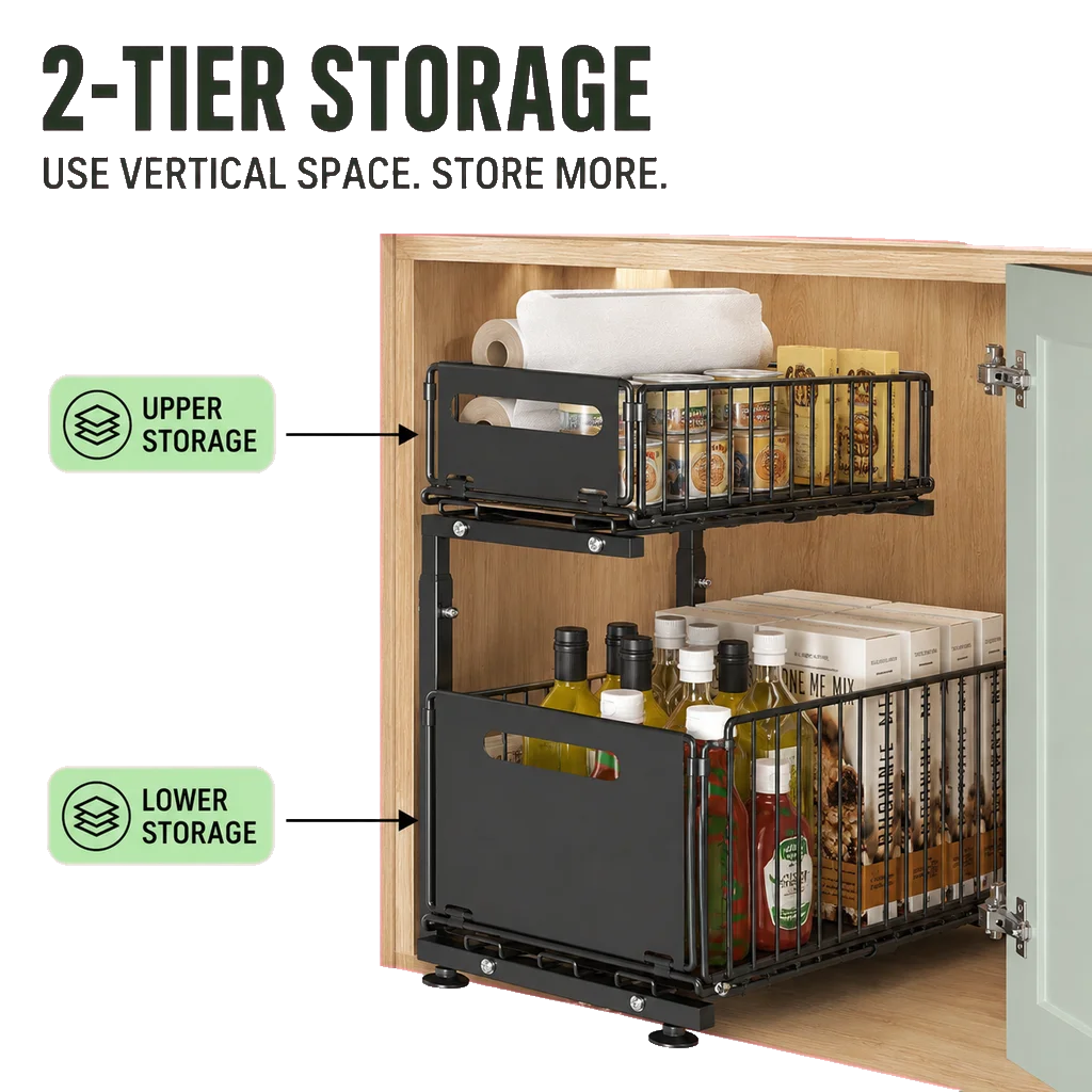 Adjustable Under Sink Organizer With Pull Out Cabinet Storage Rack