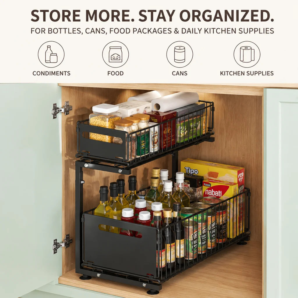 Adjustable Under Sink Organizer With Pull Out Cabinet Storage Rack