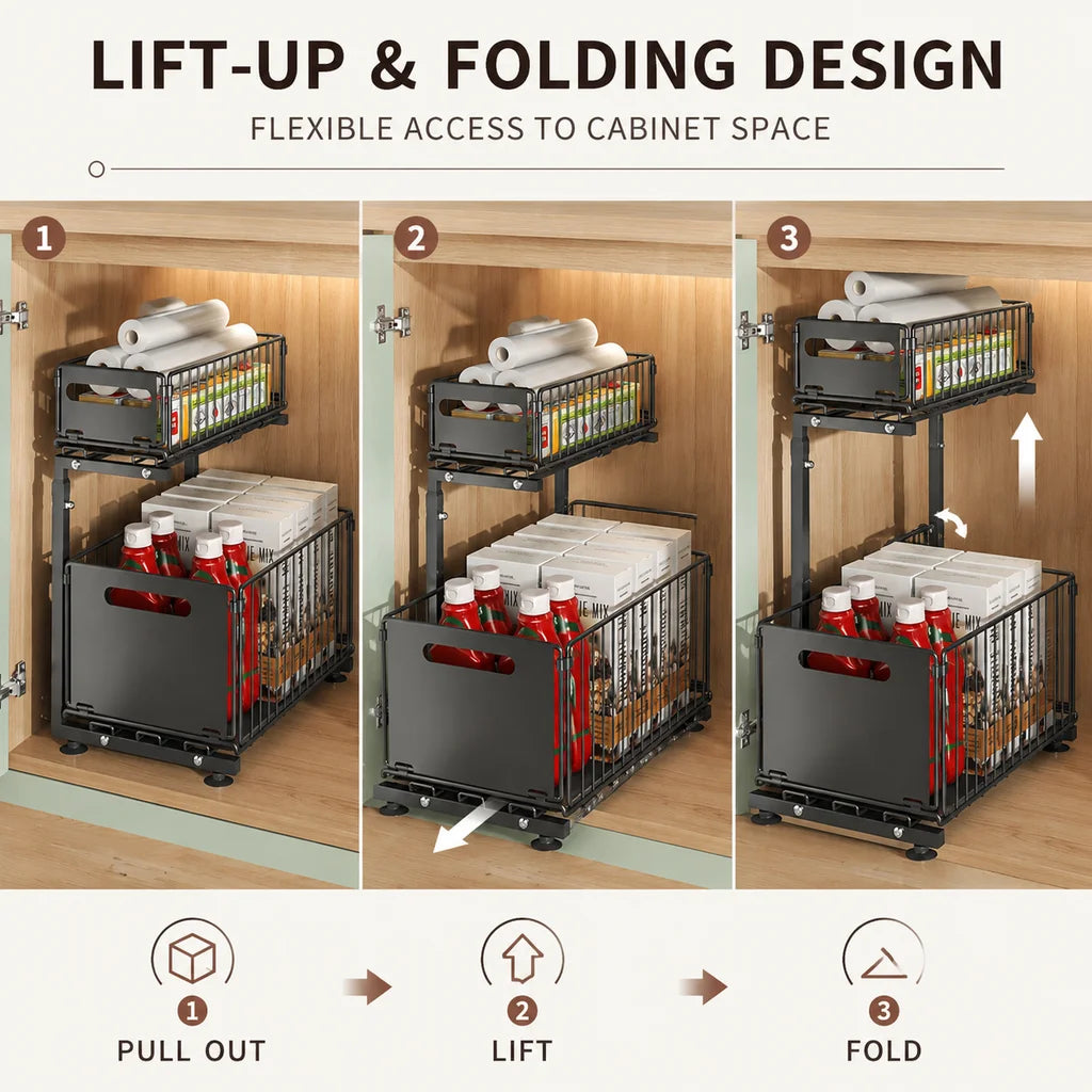 Adjustable Under Sink Organizer With Pull Out Cabinet Storage Rack