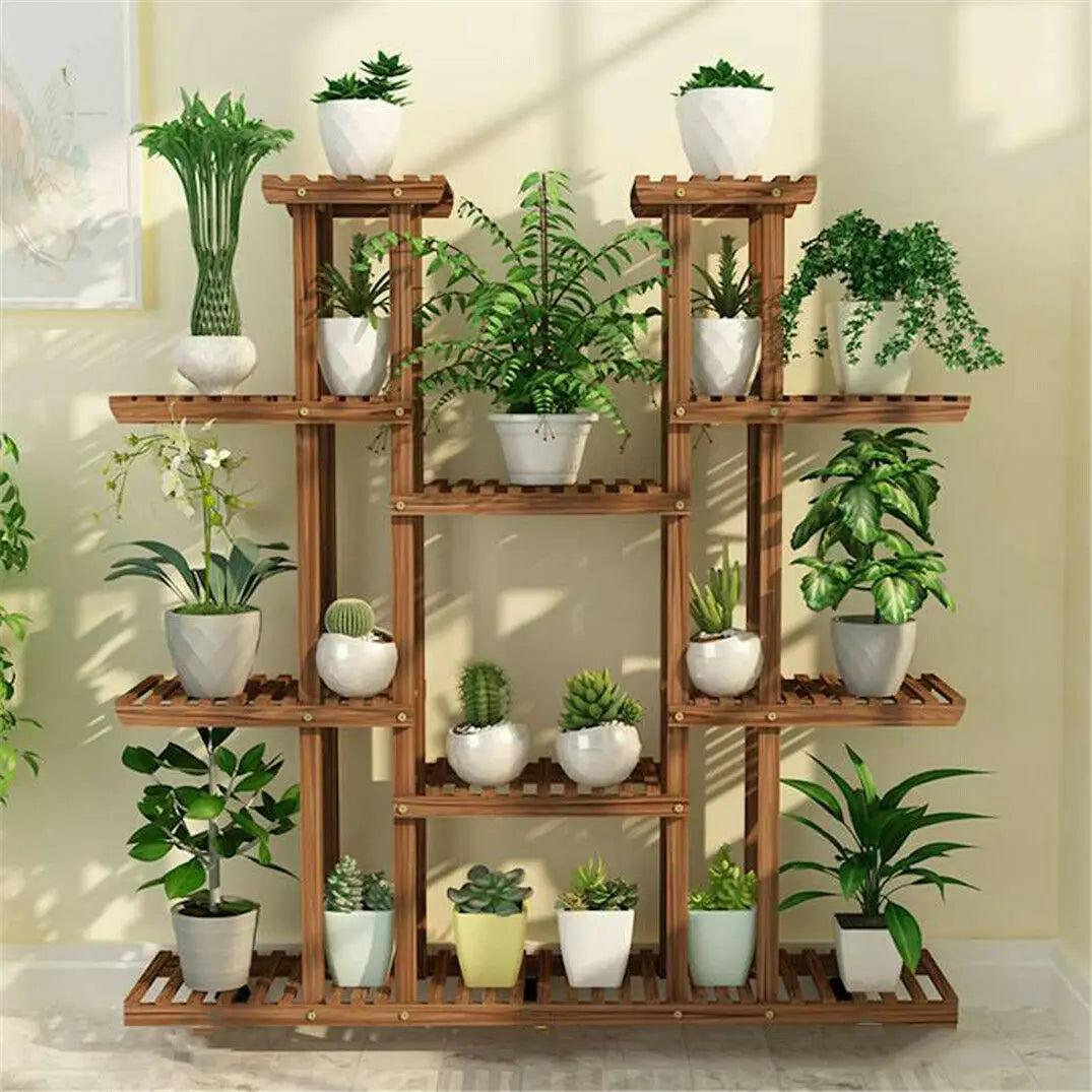 BINGOPAW Nine Tier Wooden Plant Stand Indoor Outdoor Display