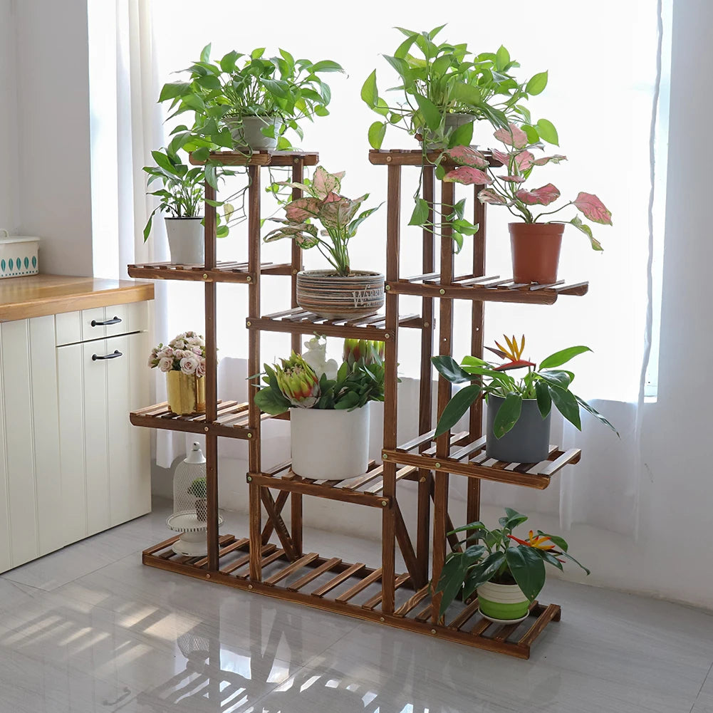 BINGOPAW Nine Tier Wooden Plant Stand Indoor Outdoor Display