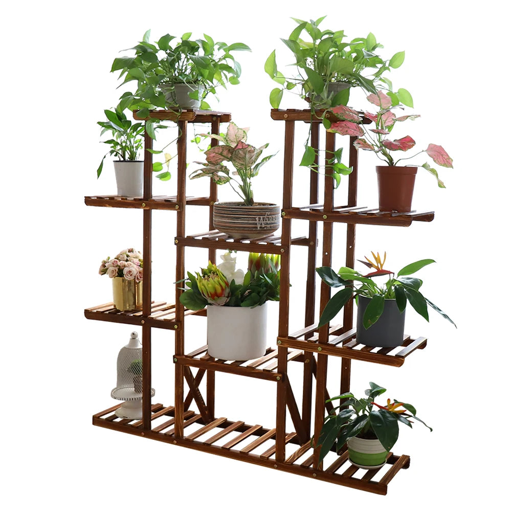 BINGOPAW Nine Tier Wooden Plant Stand Indoor Outdoor Display