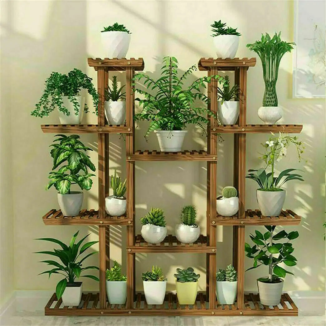 BINGOPAW Nine Tier Wooden Plant Stand Indoor Outdoor Display