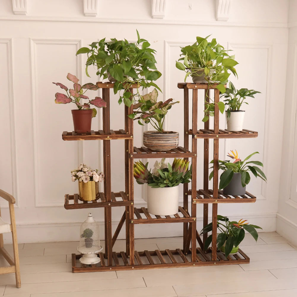 BINGOPAW Nine Tier Wooden Plant Stand Indoor Outdoor Display