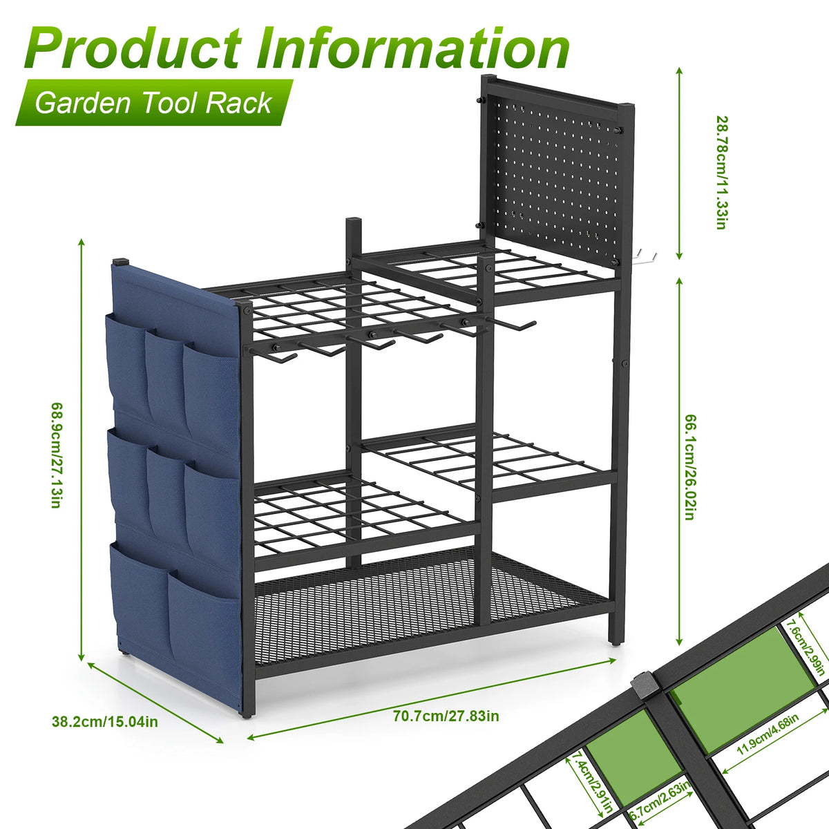 Sturdy Metal Garden Tool Organizer Rack With Storage Bags