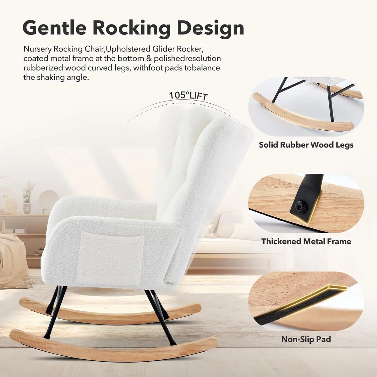Studyset Modern Upholstered Teddy Boucle Rocking Chair With Side Pocket