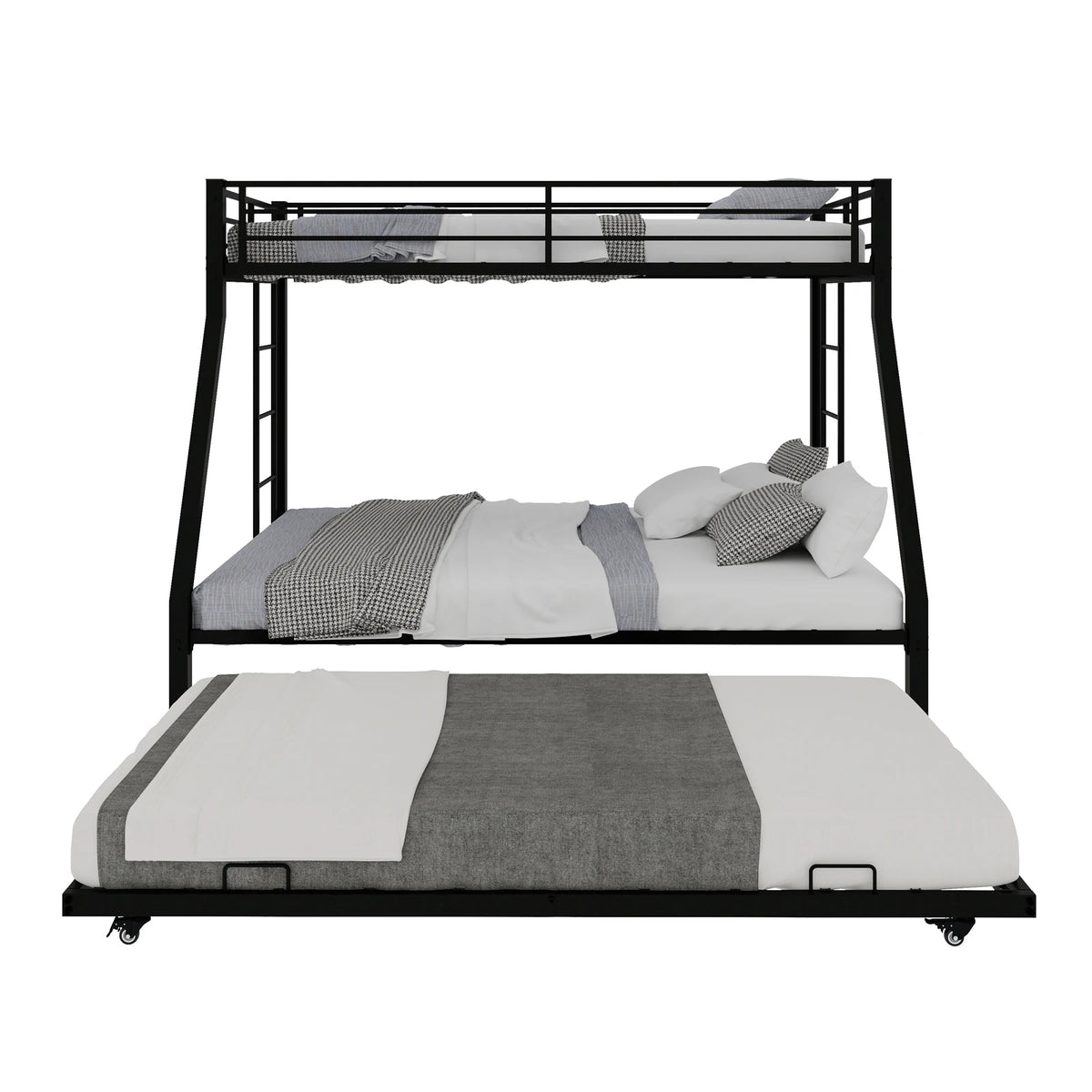 Heavy Duty Metal Triple Bunk Bed With Trundle And Guardrails