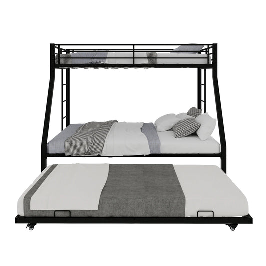 Heavy Duty Metal Triple Bunk Bed With Trundle And Guardrails