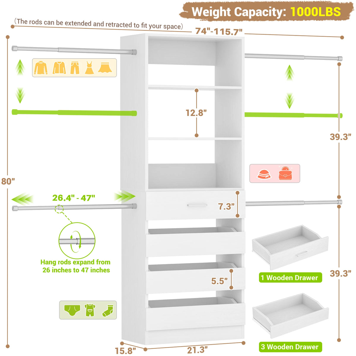 Aheaplus Wooden Closet Organizer With Drawers And Hanging Rods