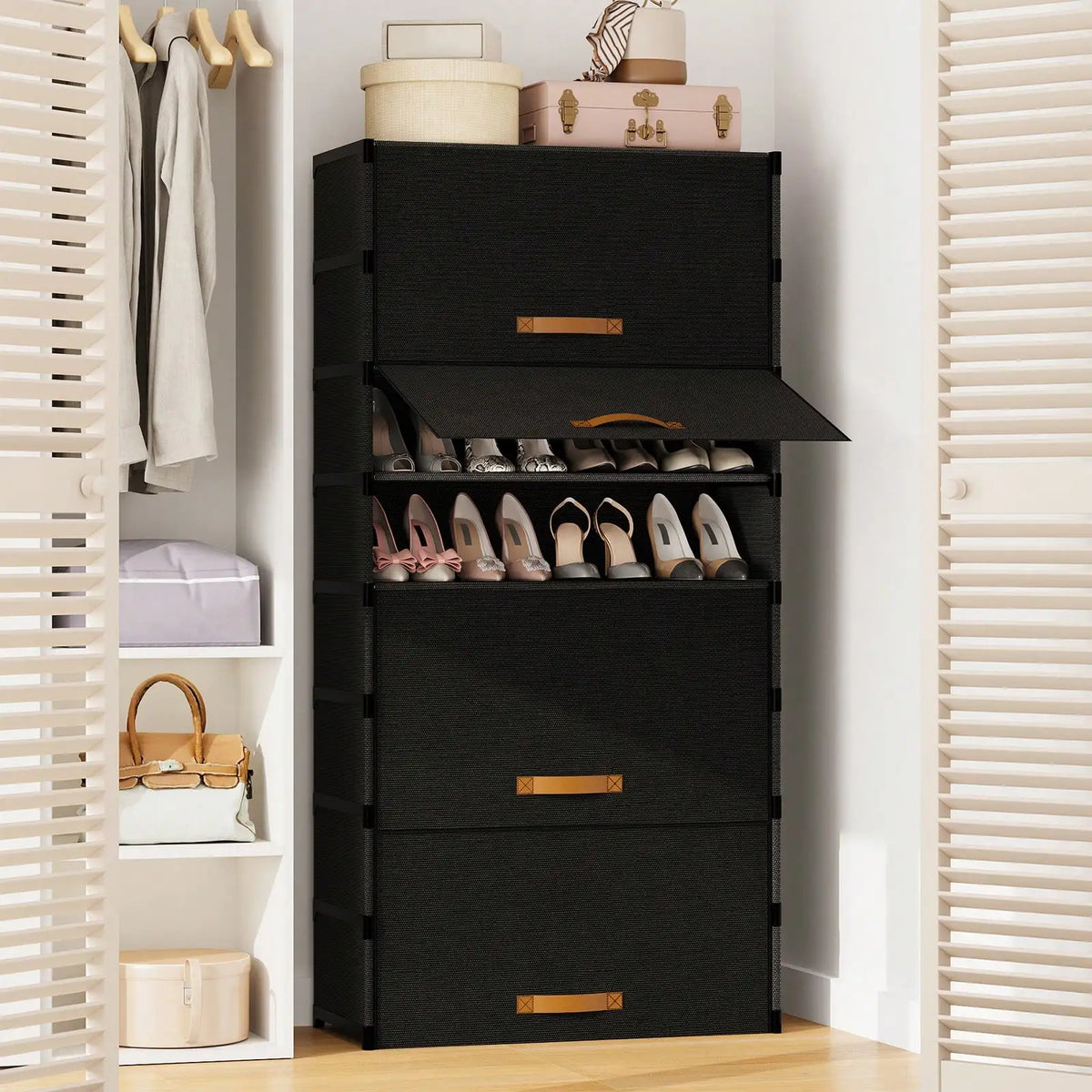 Metal Frame Shoe Storage Cabinet With Dustproof Fabric Doors