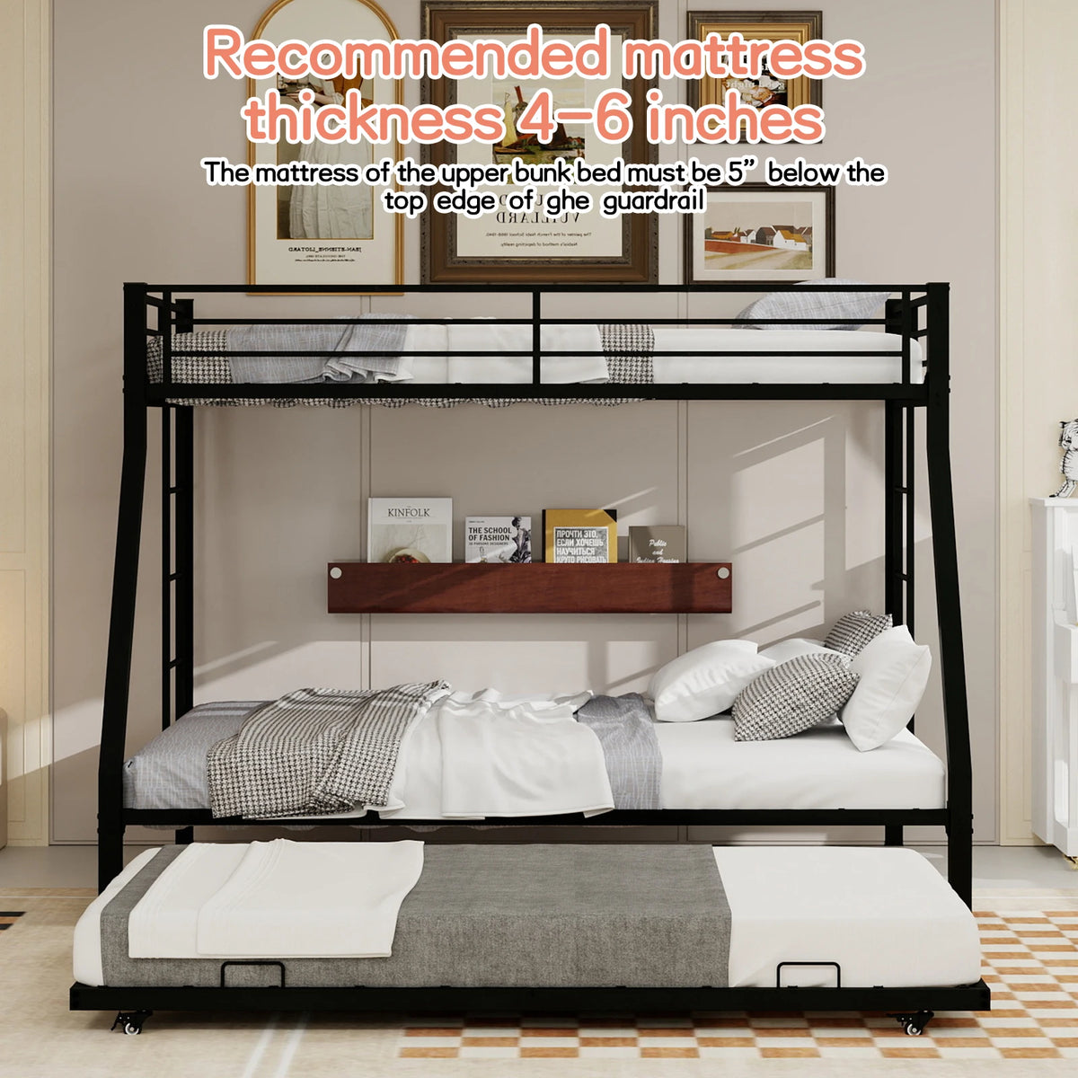 Heavy Duty Metal Triple Bunk Bed With Trundle And Guardrails