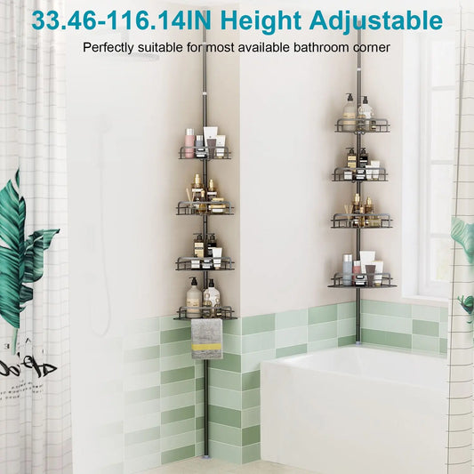 Adjustable Corner Shower Caddy Tension Pole Rust Resistant Shelves