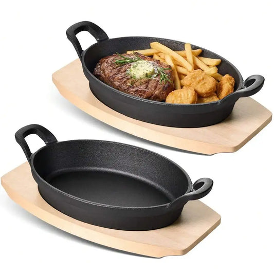 Cast Iron Cookware Set With Nonstick Griddle And Wooden Trays