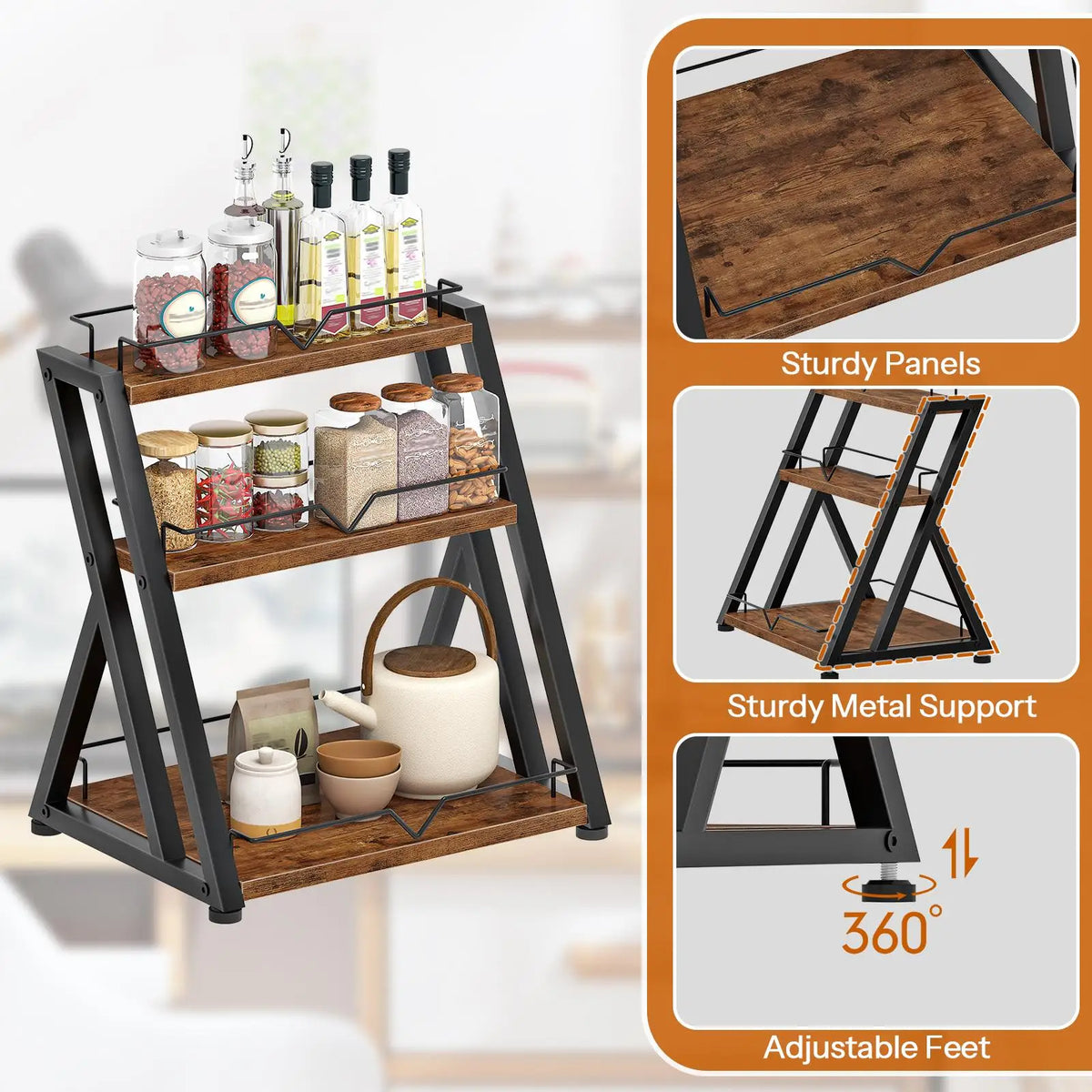 Three Tier Wooden Kitchen Spice Rack Countertop Storage Shelf