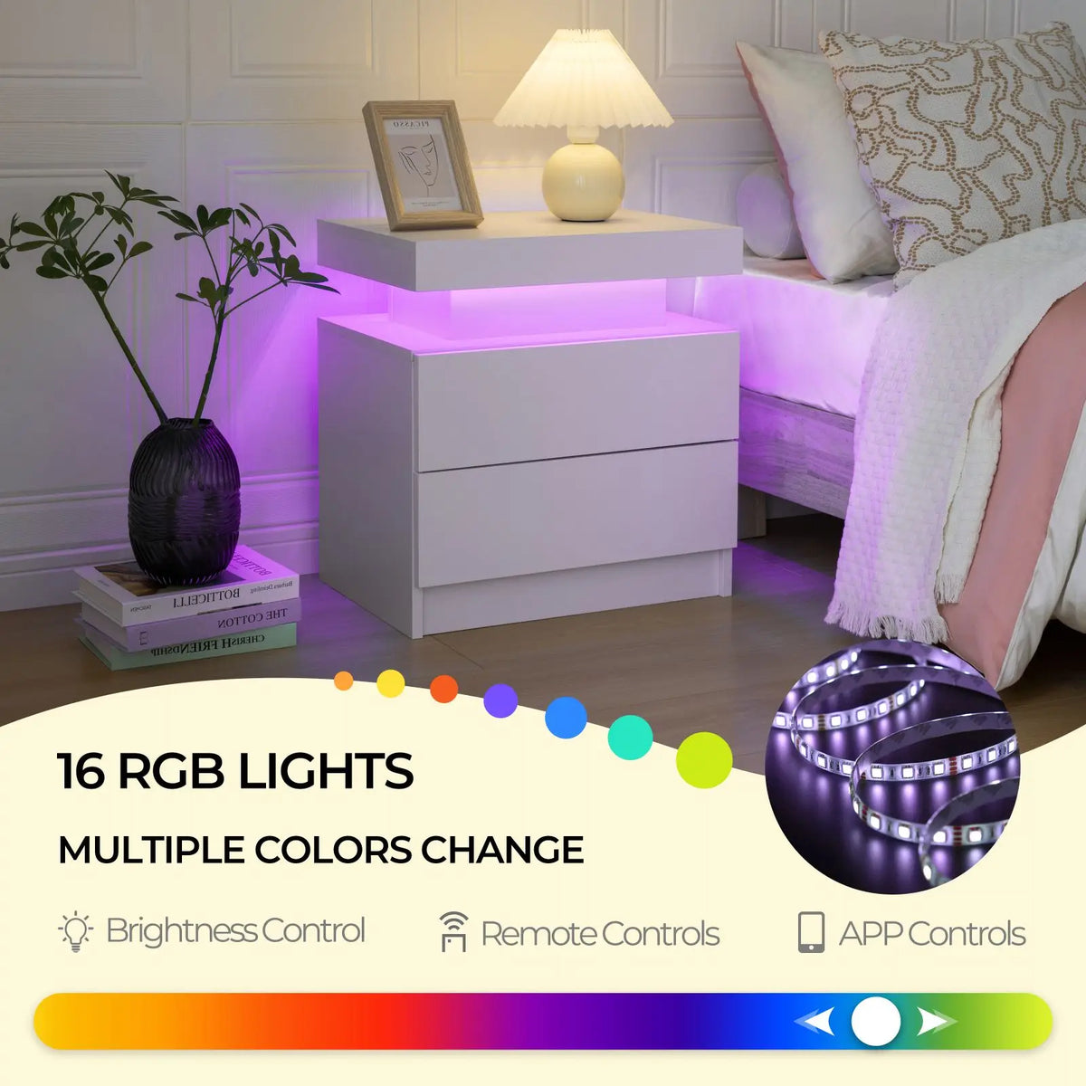Cubehom Led Nightstand With Two Drawers Wooden Bedside Table