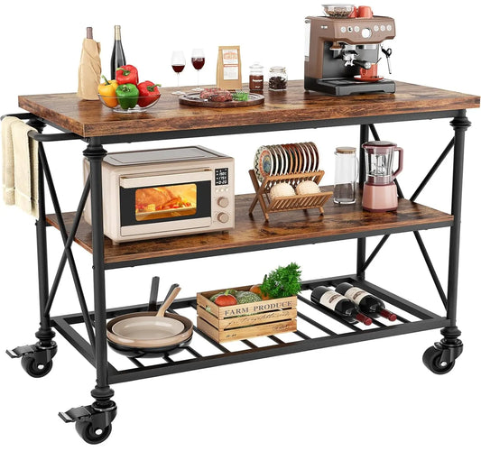 Wood And Metal Rolling Kitchen Island Cart With Pipe Legs