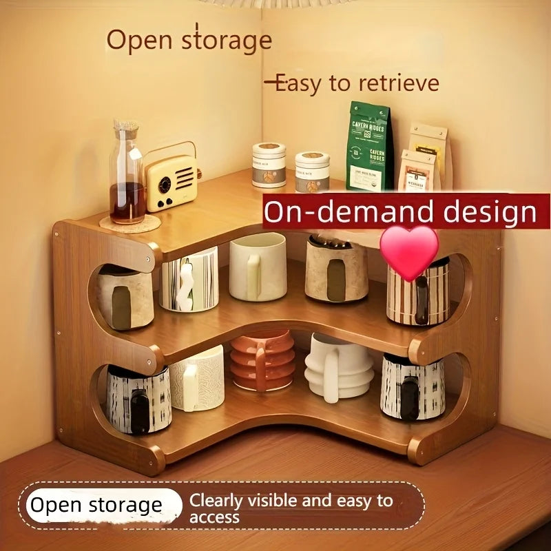Multi Tier Bamboo Corner Wall Mounted Wooden Storage Shelf