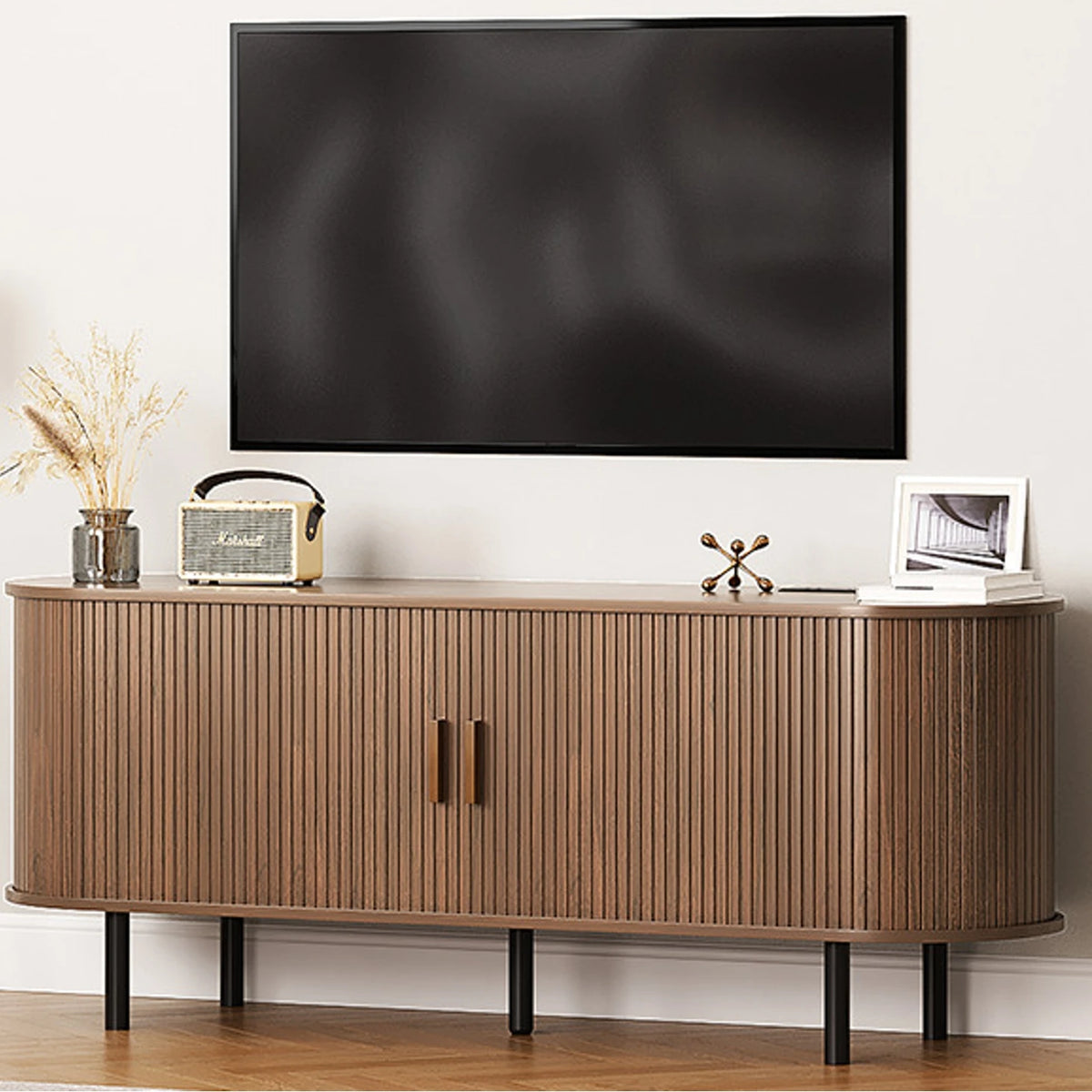 Onbrill Modern TV Stand With Power Outlet And Sliding Doors