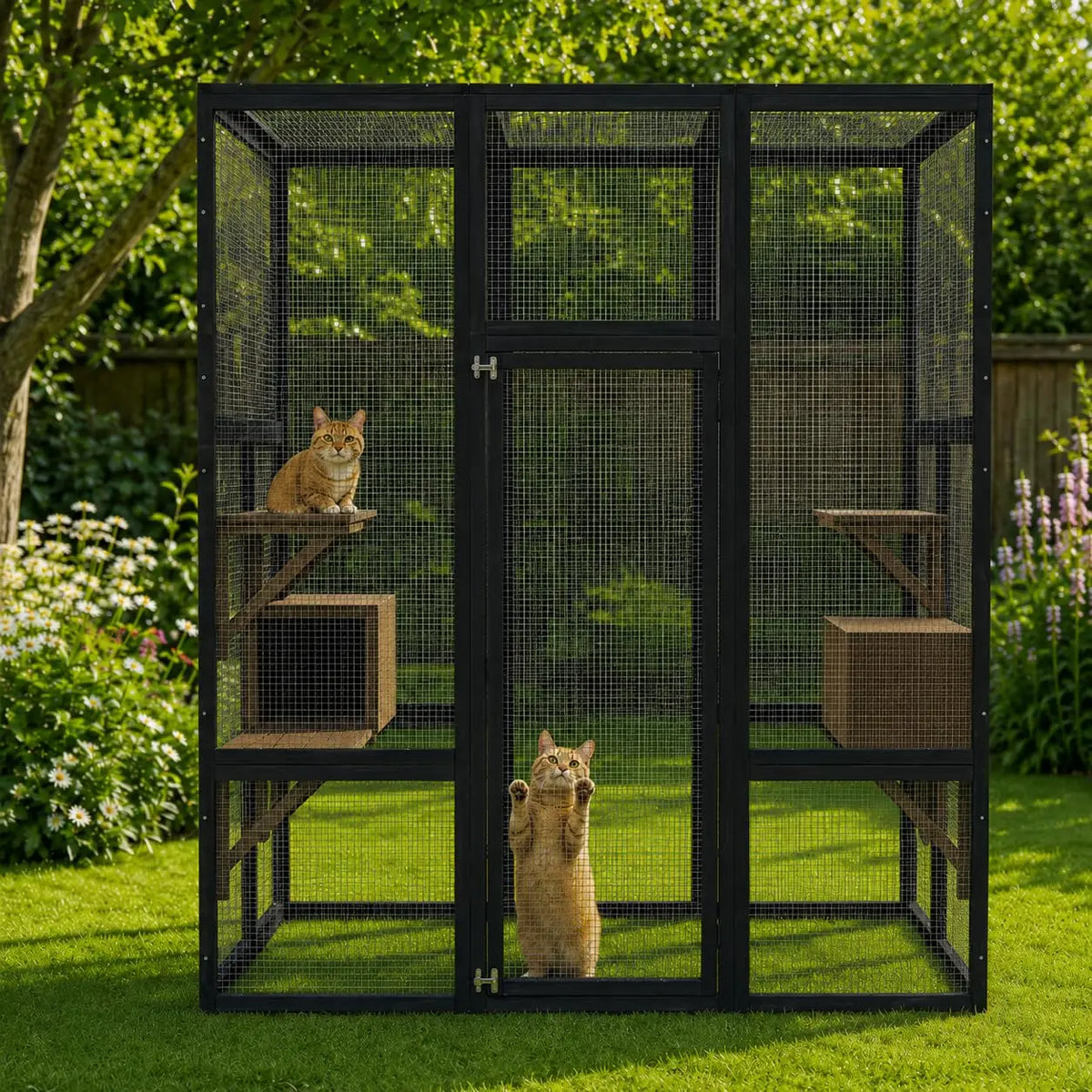 HiMISS Wooden Outdoor Catio Cat Enclosure With Multiple Platforms