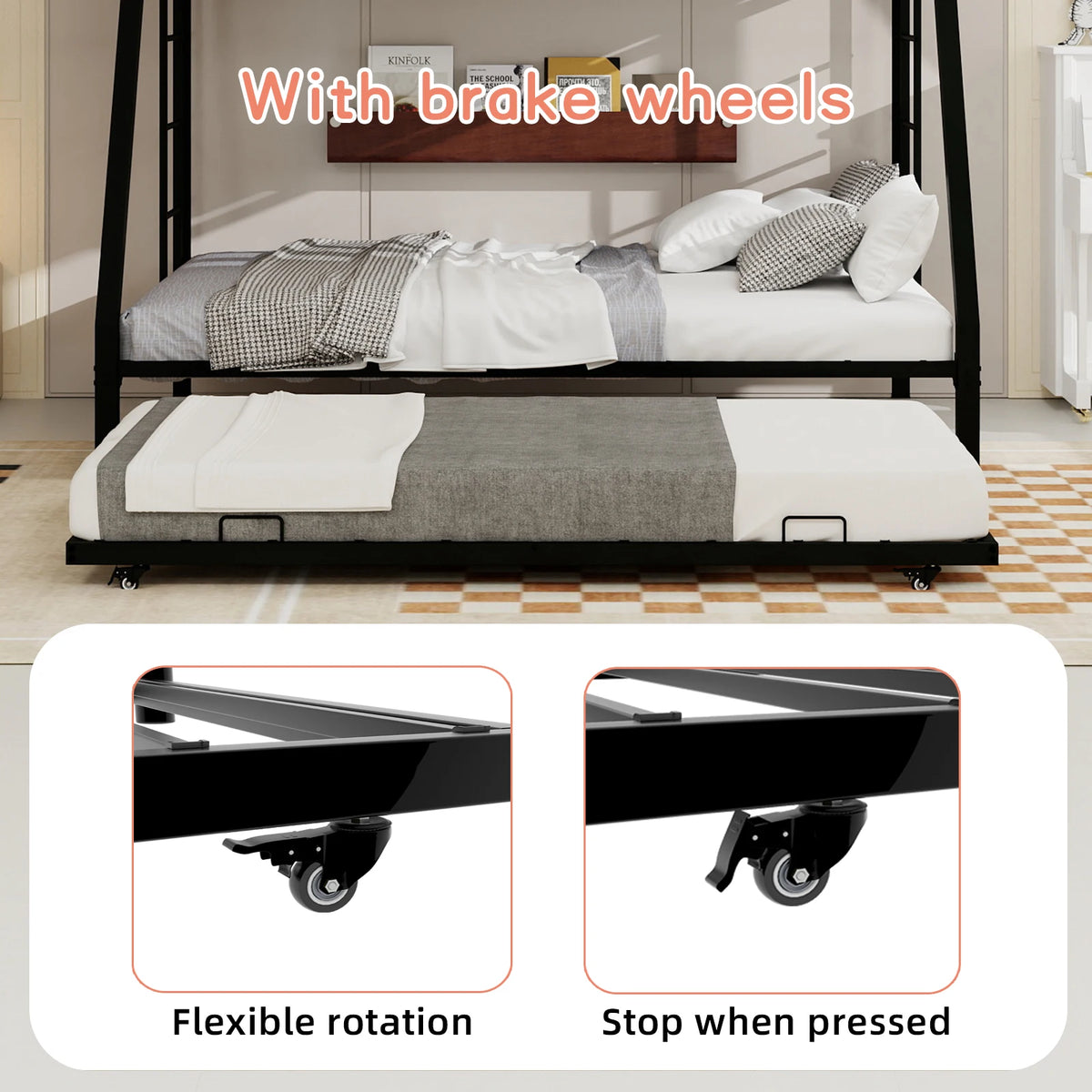 Heavy Duty Metal Triple Bunk Bed With Trundle And Guardrails