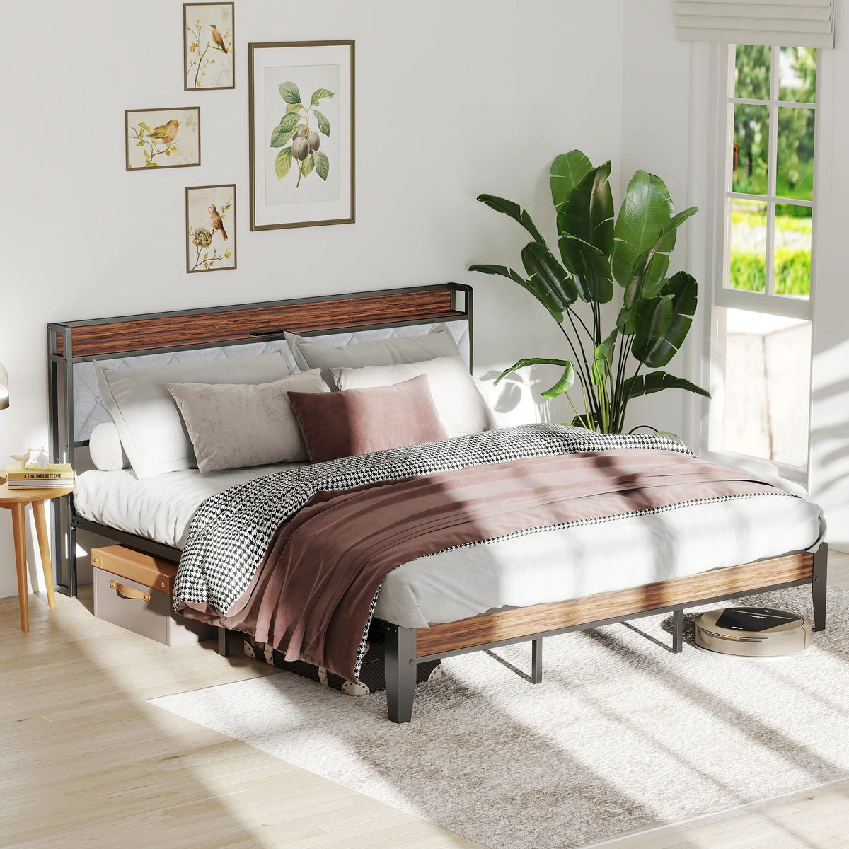 JHK Heavy Duty Metal Bed Frame With Headboard Charging Station