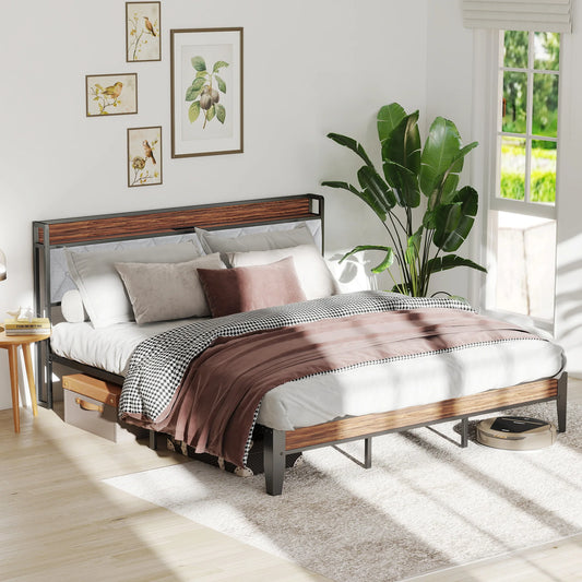 JHK Heavy Duty Metal Bed Frame With Headboard Charging Station