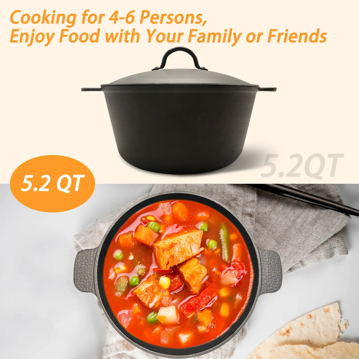 HanSMART Cast Iron Dutch Oven With Lid For Everyday Cooking