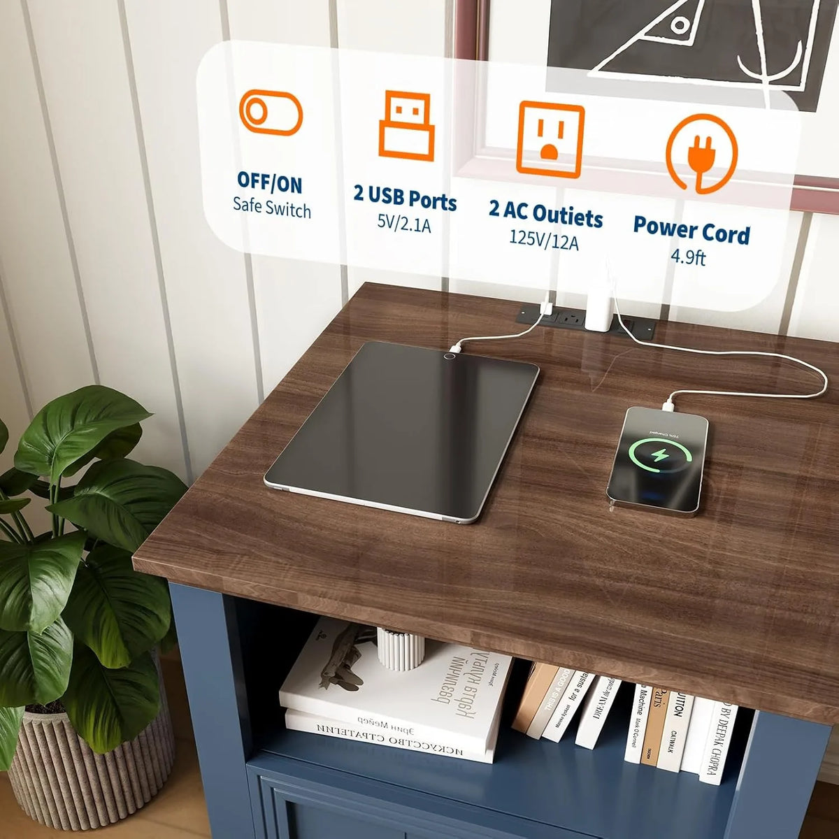 Modern Fluted Wood Nightstand With USB Charging Station