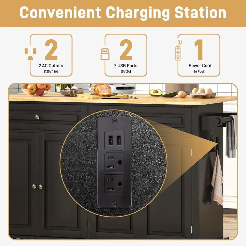 Movable Kitchen Island Cart With Drop Leaf Power Outlet