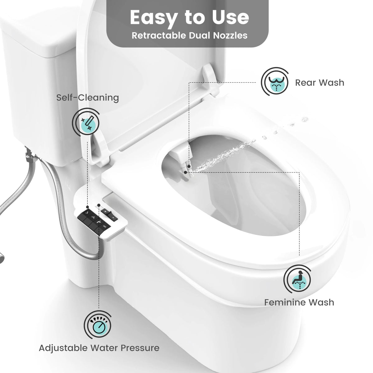 Manual Dual Nozzle Bidet Attachment For Toilet With Adjustable Pressure