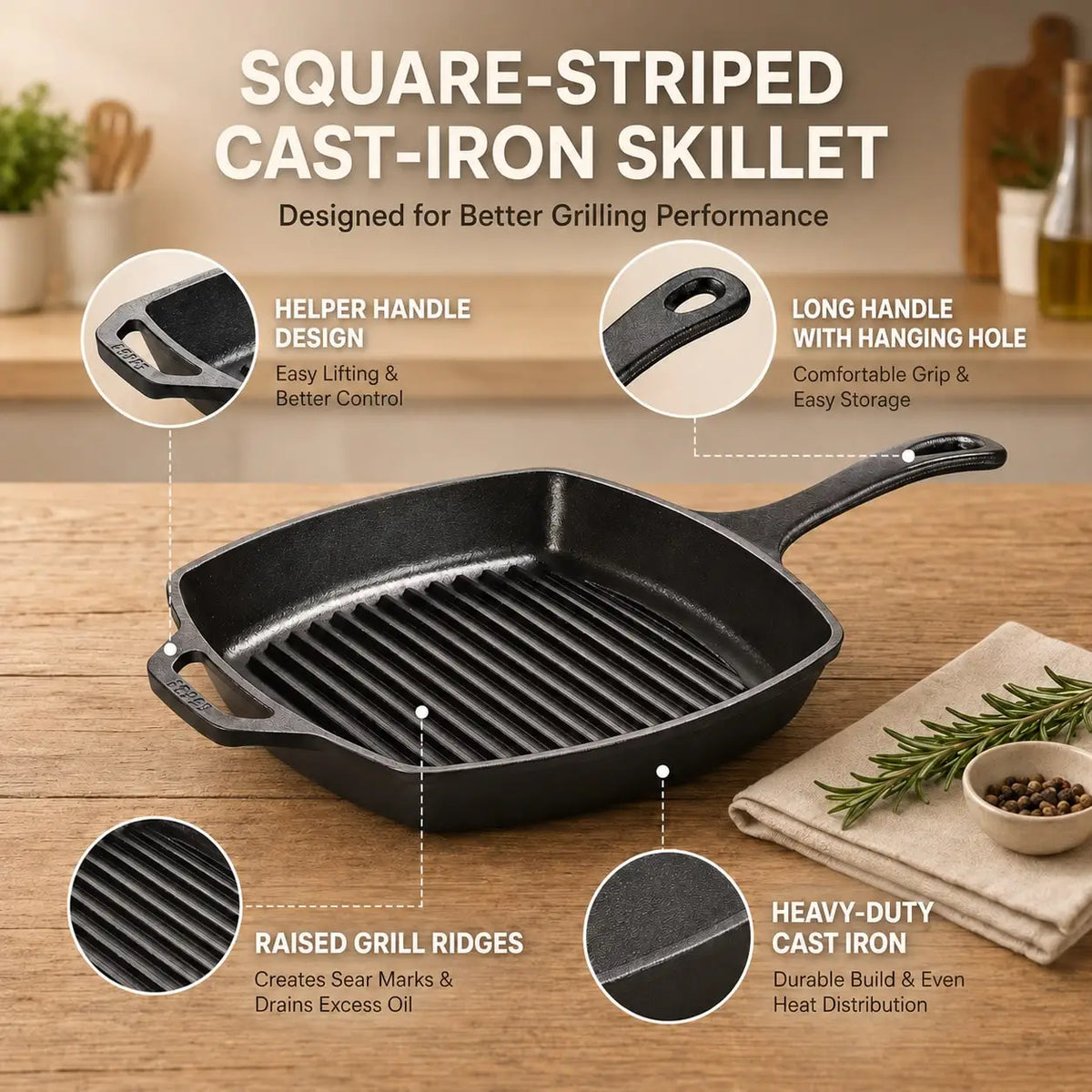 Multi Function Cast Iron Steak Pan With Auxiliary Handle