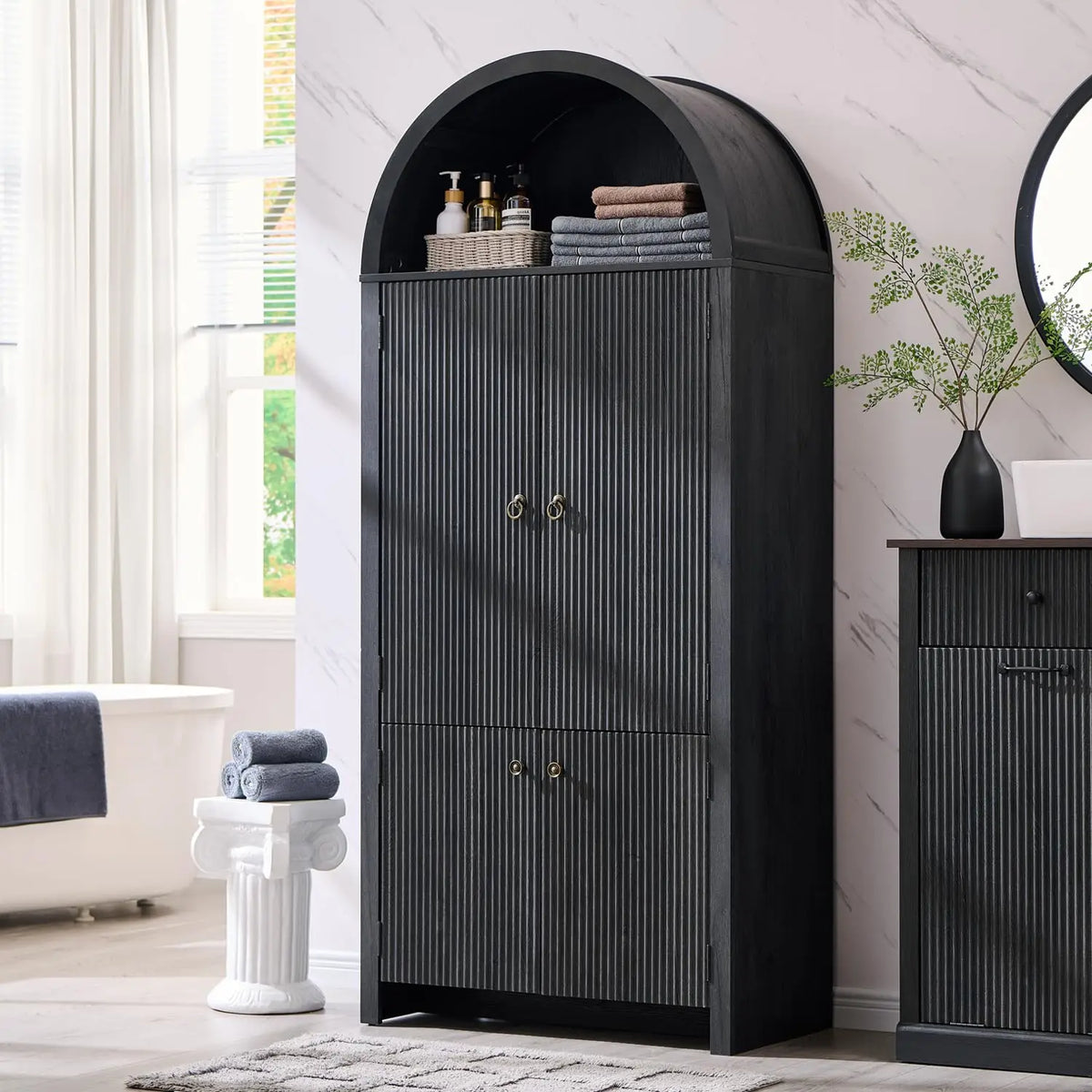 Solid Wood Fluted Free Standing Bathroom Storage Cabinet