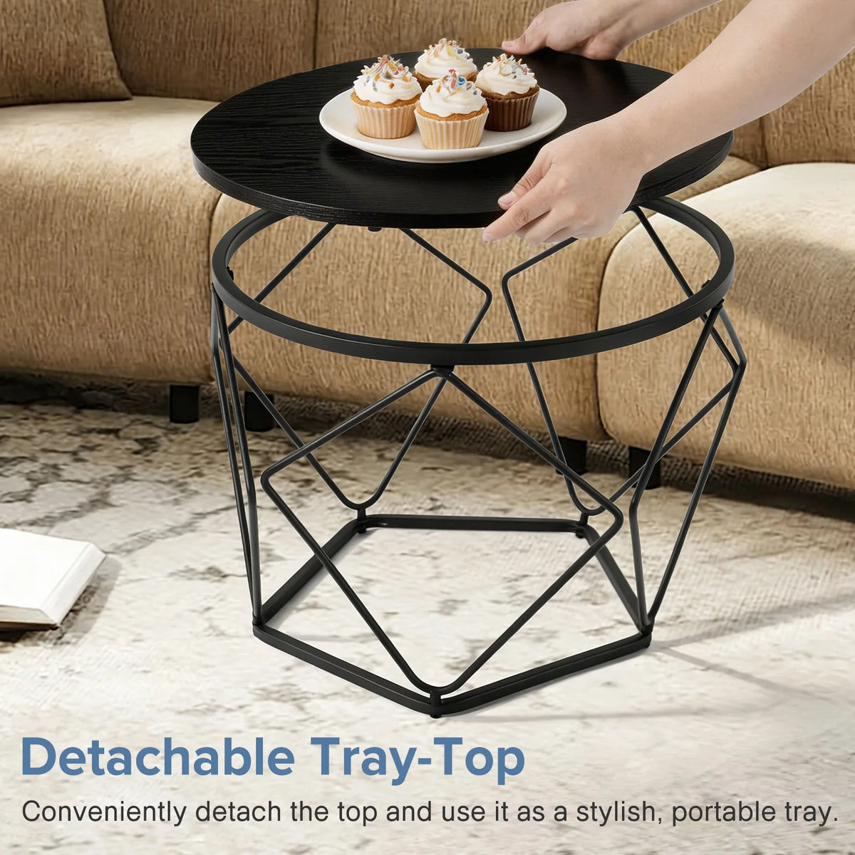 JHK Round Geometric Coffee Table Set With Metal Frame