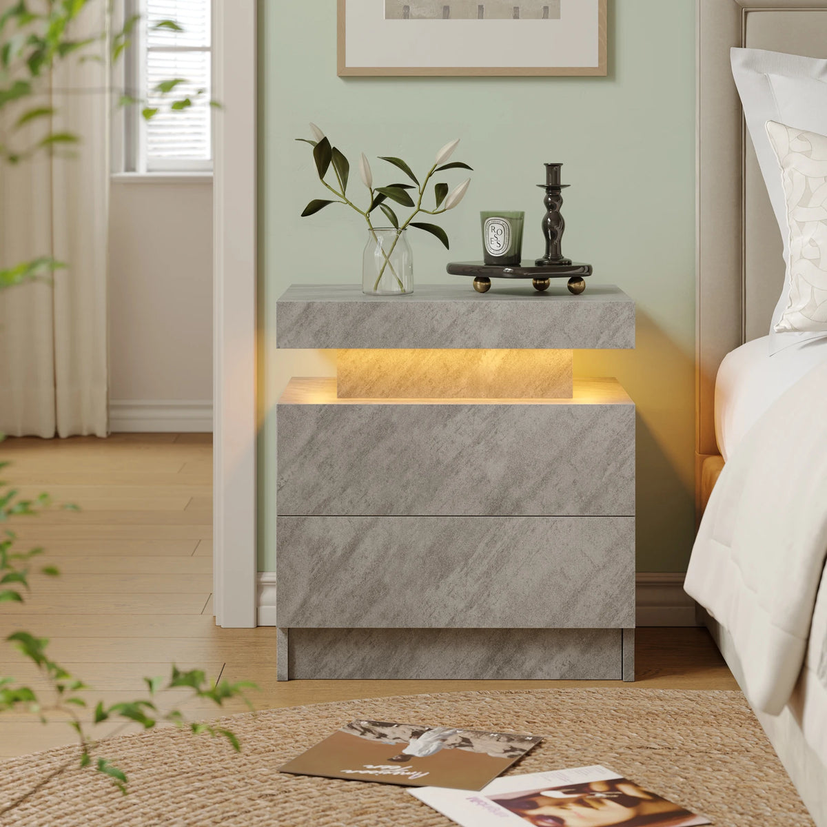 Cubehom Led Nightstand With Two Drawers Wooden Bedside Table