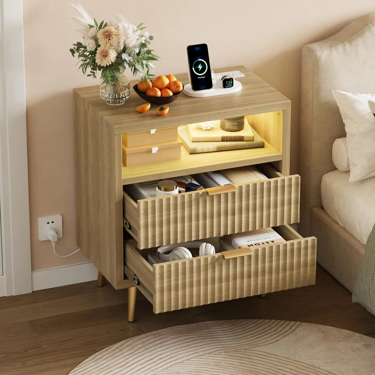 HiMISS Nightstand With Charging Station And RGB LED Lights