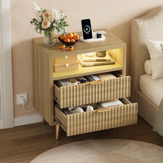 HiMISS Nightstand With Charging Station And RGB LED Lights