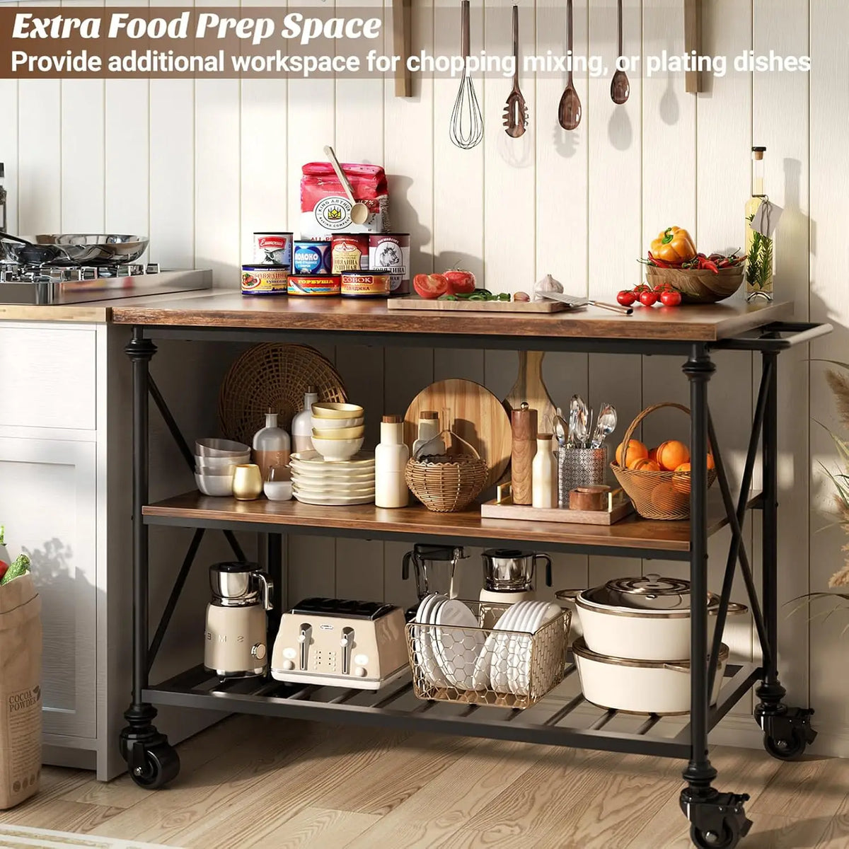 Wood And Metal Rolling Kitchen Island Cart With Pipe Legs
