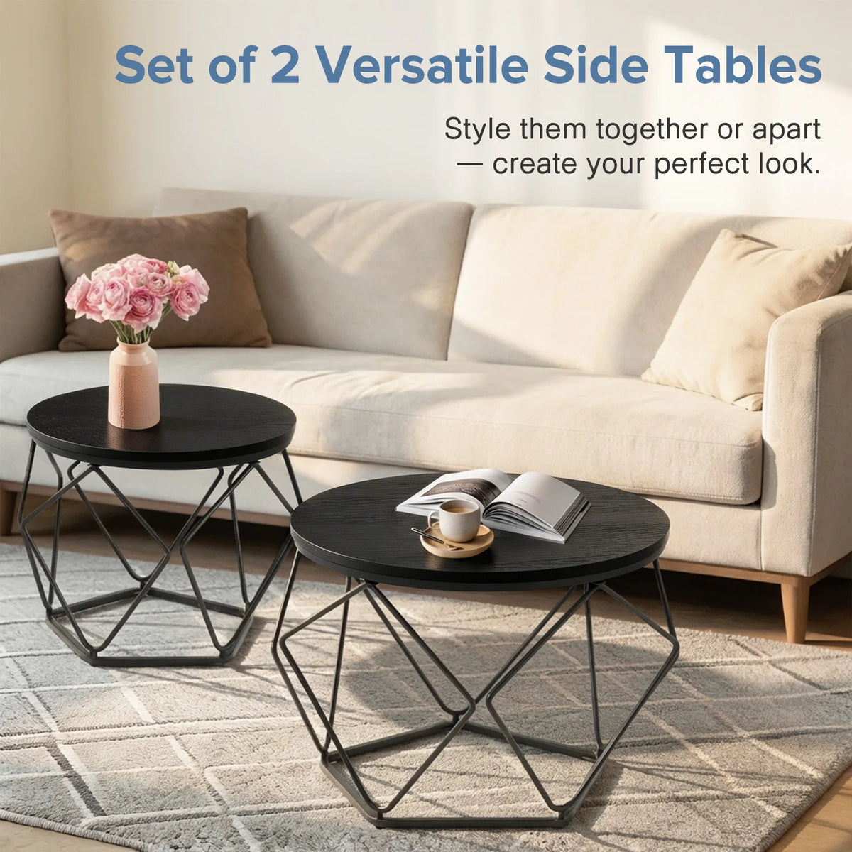 JHK Round Geometric Coffee Table Set With Metal Frame