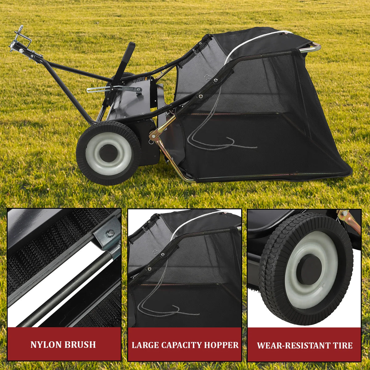 HiMISS Heavy Duty Tow Behind Lawn Sweeper Leaf Grass Collector