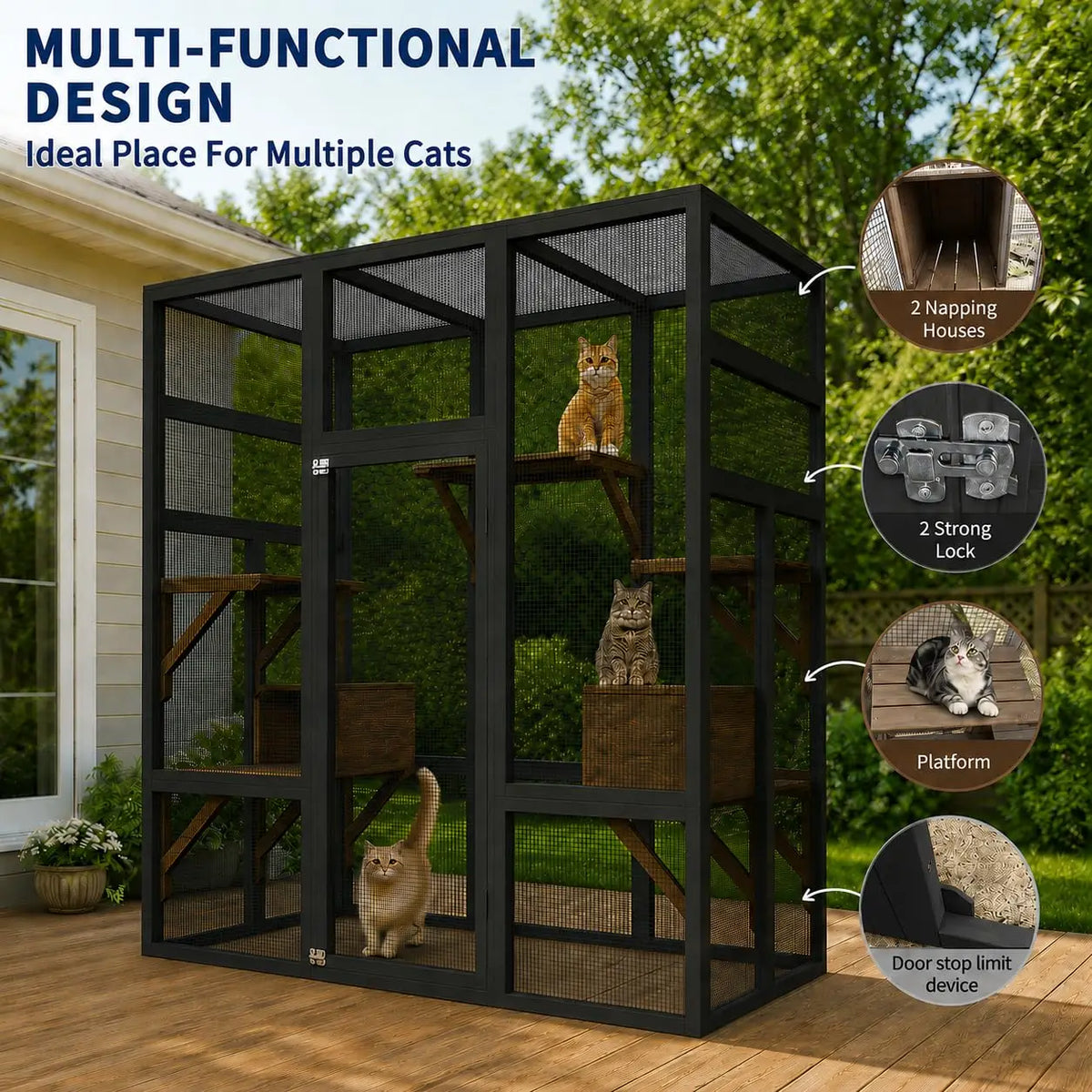 HiMISS Wooden Outdoor Catio Cat Enclosure With Multiple Platforms