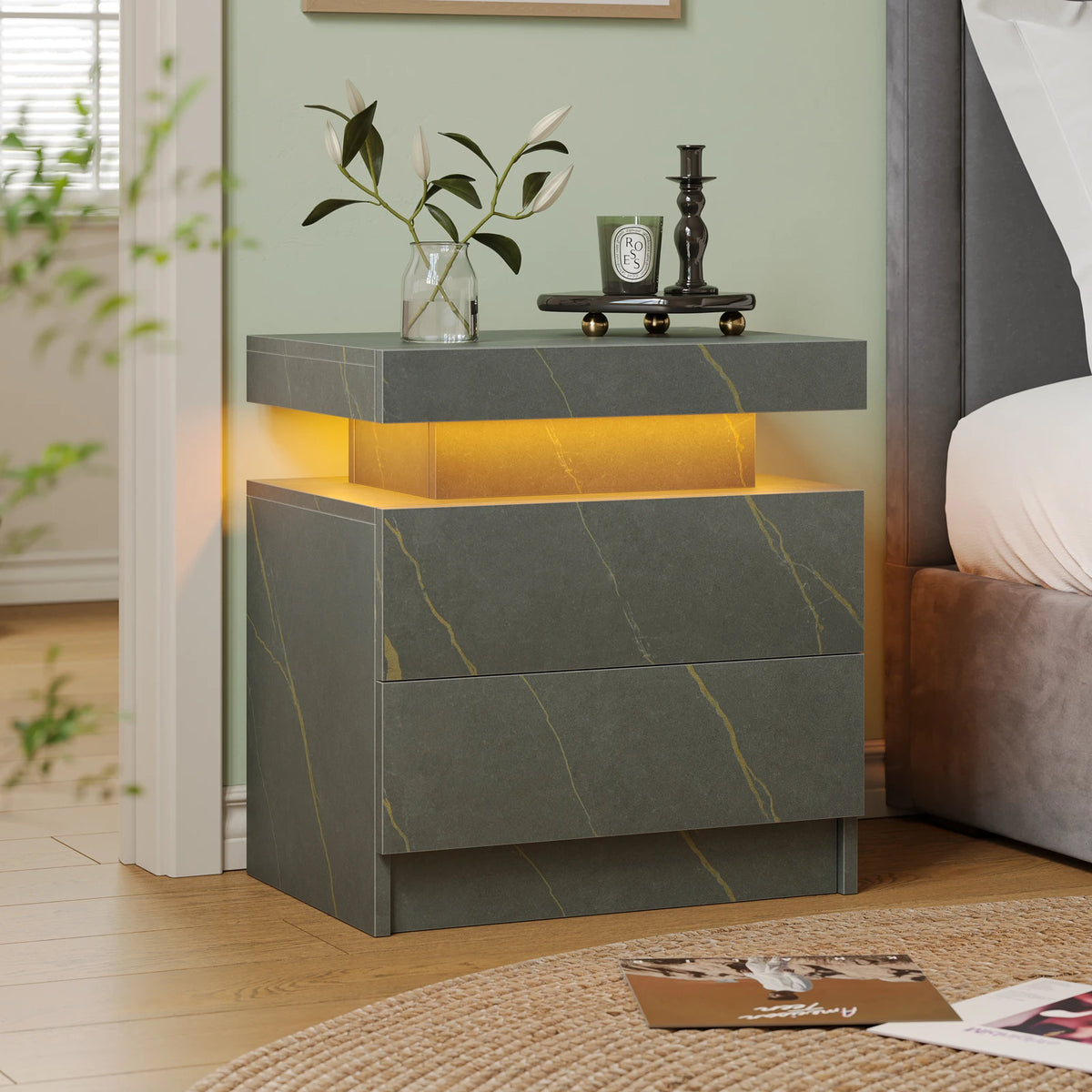 Cubehom Led Nightstand With Two Drawers Wooden Bedside Table