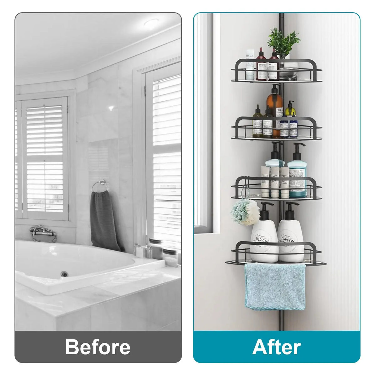 Adjustable Corner Shower Caddy Tension Pole Rust Resistant Shelves
