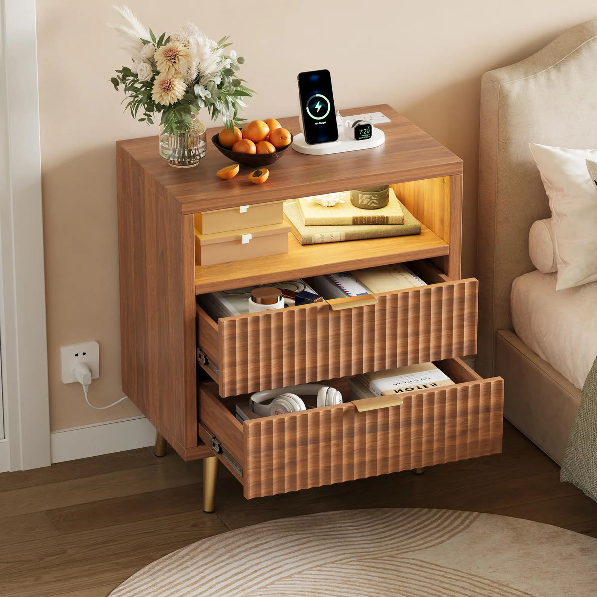 HiMISS Nightstand With Charging Station And RGB LED Lights