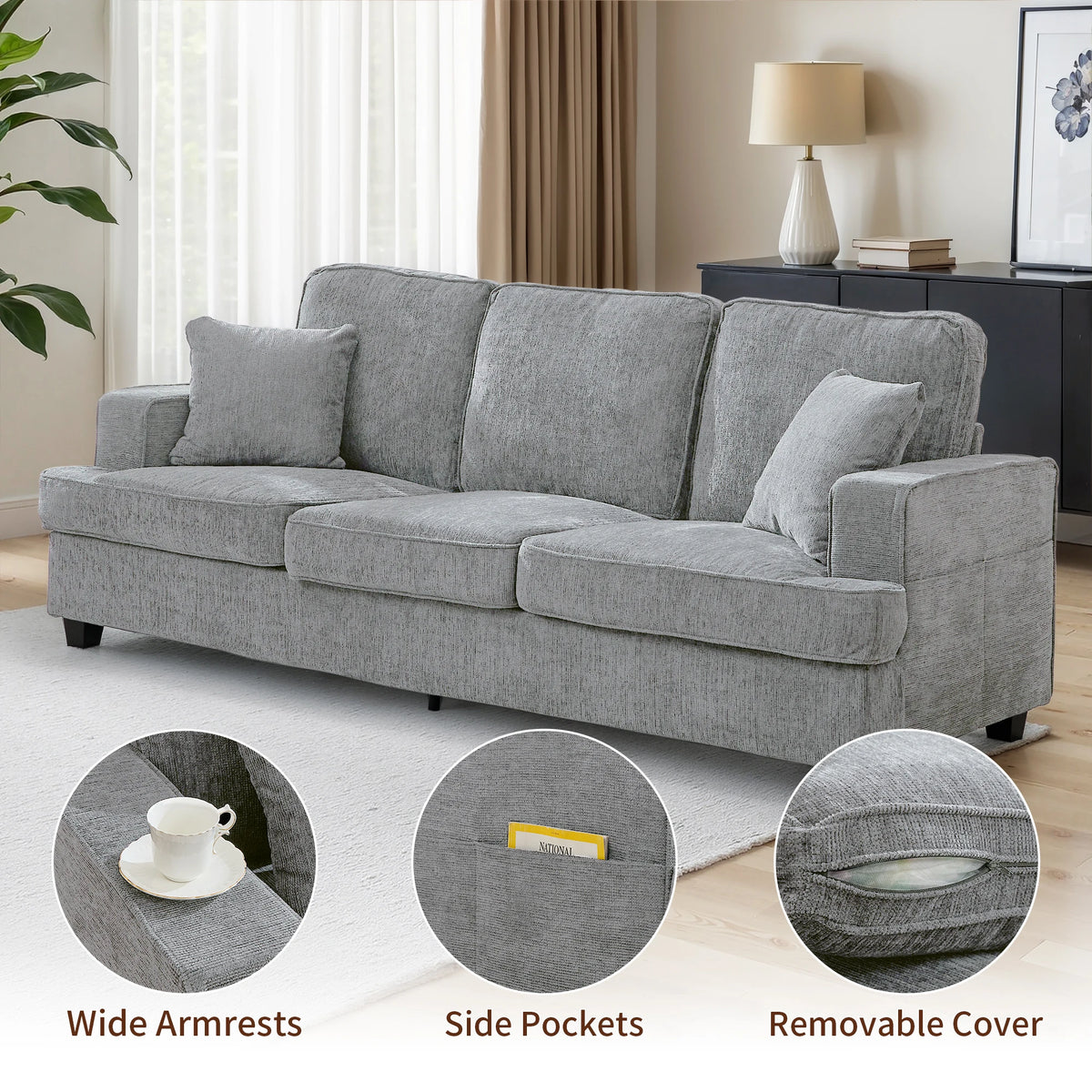 Modern Cloud Chenille Three Seater Sofa For Living Room