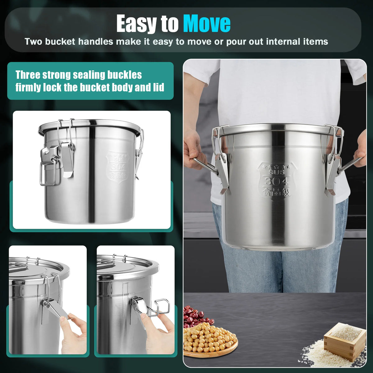 Bymaocar Stainless Steel Airtight Kitchen Cereal And Rice Storage Bucket